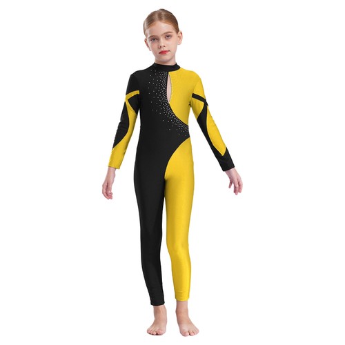 Girls Color Block Dance Costume Gymnastics Jumpsuit Long Sleeve Skating Bodysuit - Picture 92 of 119