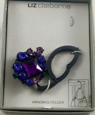 LIZ CLAIBORNE HANDBAG HOLDER, PURSE HANGER SILVERTONE WITH PURPLE RHINESTONES IN
