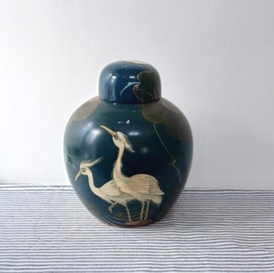 Großes Vintage Ingwerglas Lotusblume & Storch Design Keramik Vase asiatischer Stil