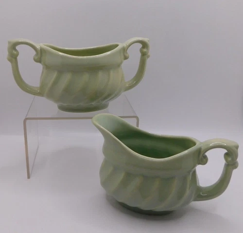 Vtg McCoy? Sage Green Pottery Swirl Design Creamer and Sugar Set 518 & 519 U.S.A