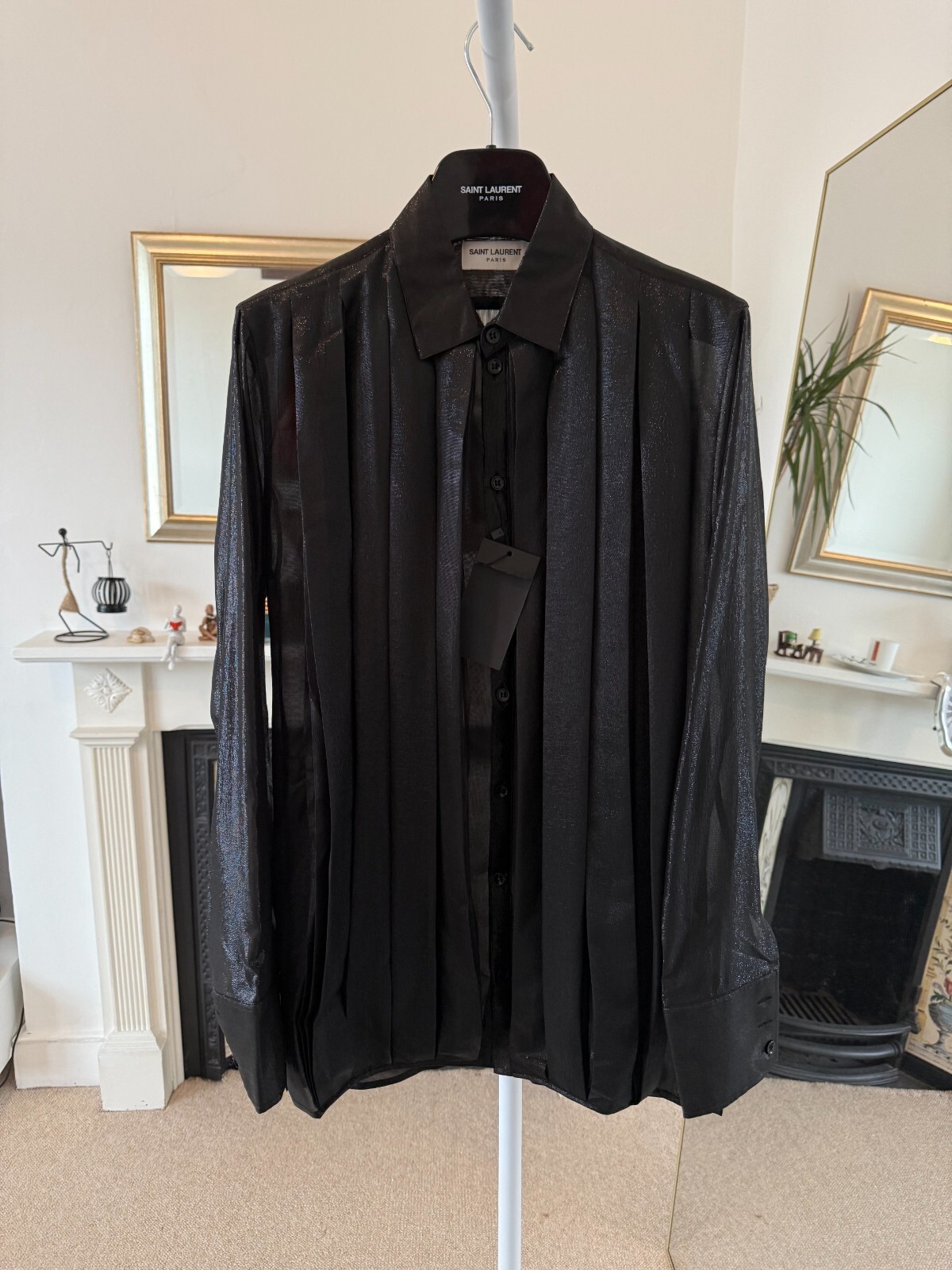 Camicia FW19 Saint Laurent Runway plissettata glitter seta nera
