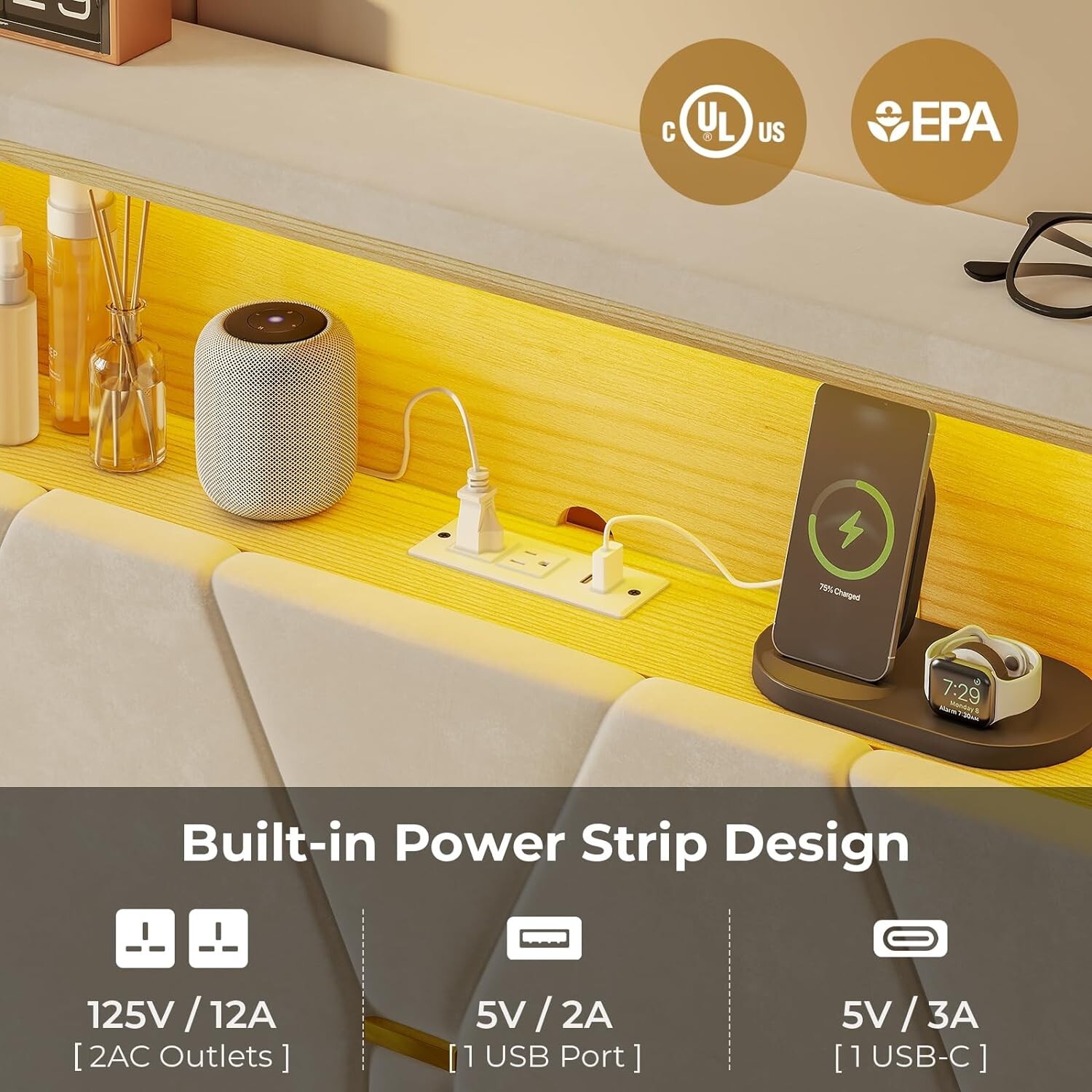 Queen Bed Frame with Storage Headboard &RGB LED Lights, Upholstered