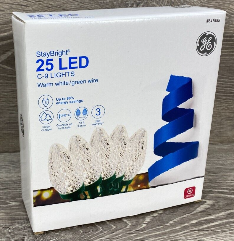 NEW GE StayBright 25 COUNT DIAMOND CUT WARM WHITE C9 C9 LED LIGHTS