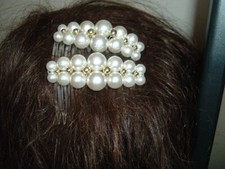 Pair Vintage Plump White Pearl Clear Lucite Slide Hair Combs