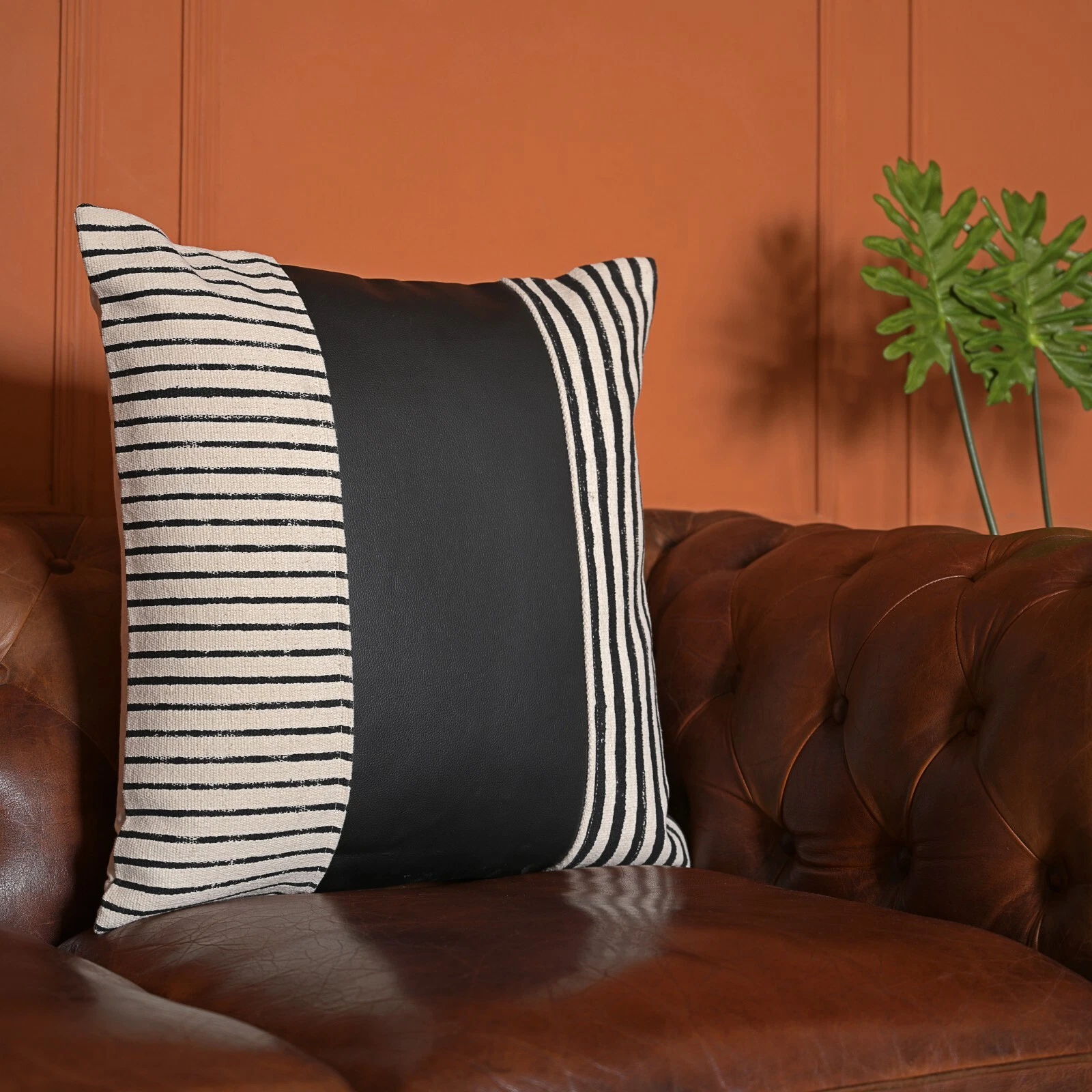 Modern Black & White Striped Throw Pillow Cover – Faux Leather Accent – 18x18"