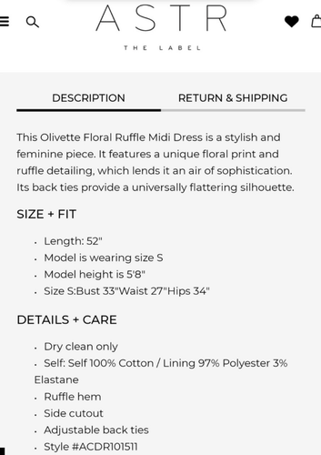 ASTR The Label Dress Womens Size XS Multicolor Olivette Floral Midi Ruffle NWT - Picture 12 of 14