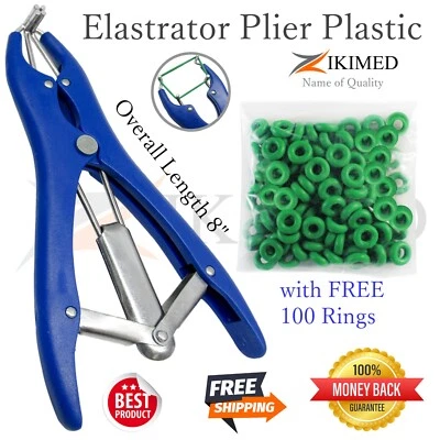 ZIKIMED Elastrator Castration Blue Plastic Handle Pliers & Free 100 pcs Rubber Ring Bag