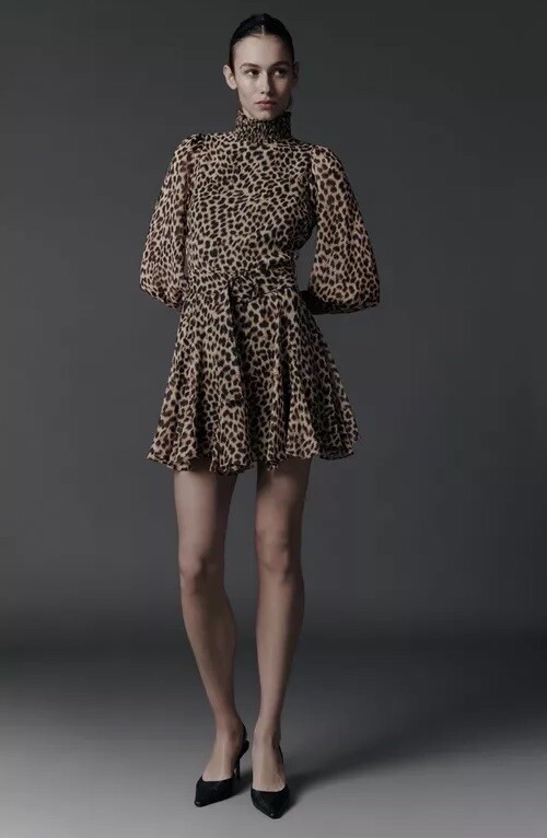 AS NEW ZARA ANIMAL LEOPARD PRINT LONG SLEEVE HIGH NECK MINI DRESS SIZE