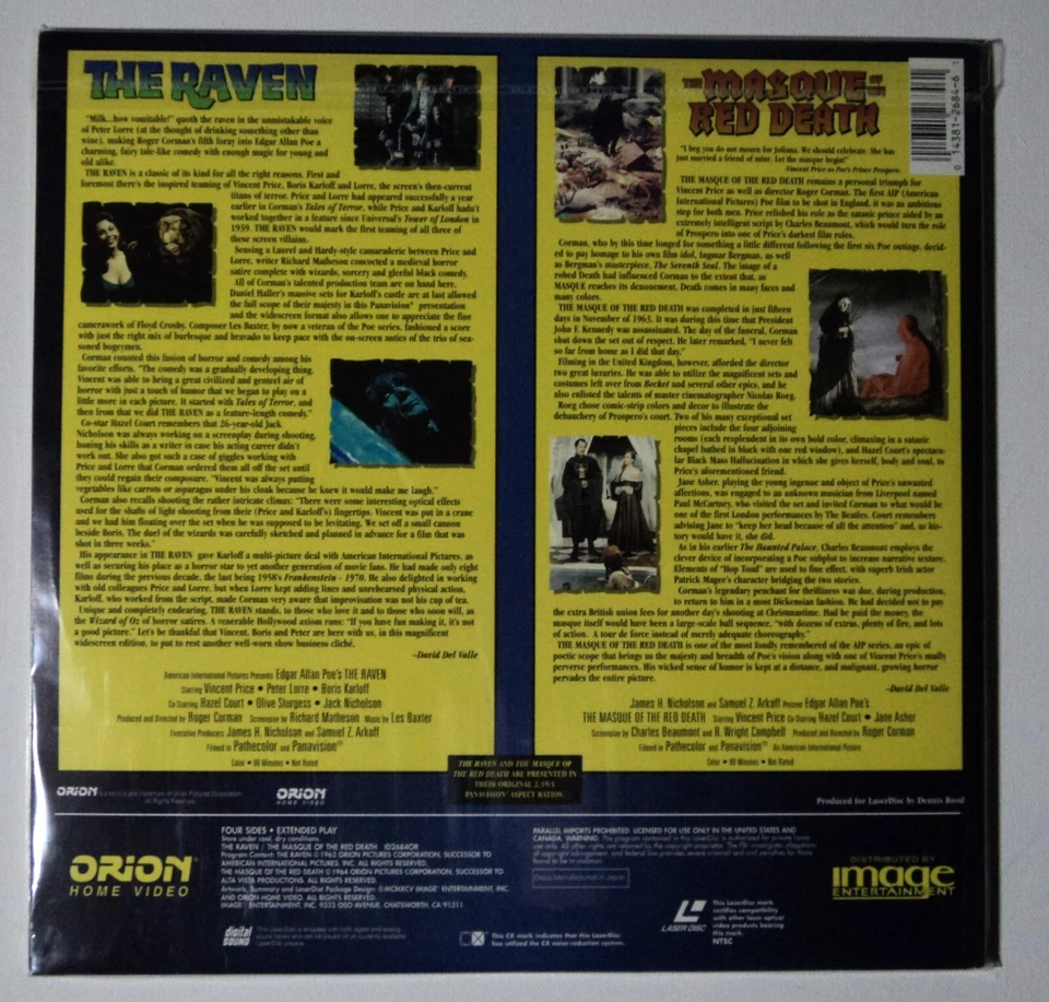 THE RAVEN & THE MASQUE OF RED DEATH LASERDISC ~ ROGER CORMAN VINCENT PRICE ~MINT - Image 2 of 2