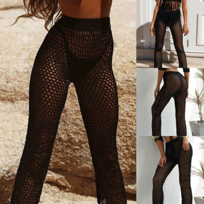 Women Swim Cover Up Pants Slim Fishnet Mesh Sheer See-through Black Trousers  New | eBay