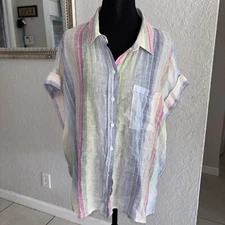 Rails Whitney Rainbow Striped Linen Blend Short Sleeve Button Blouse Size L