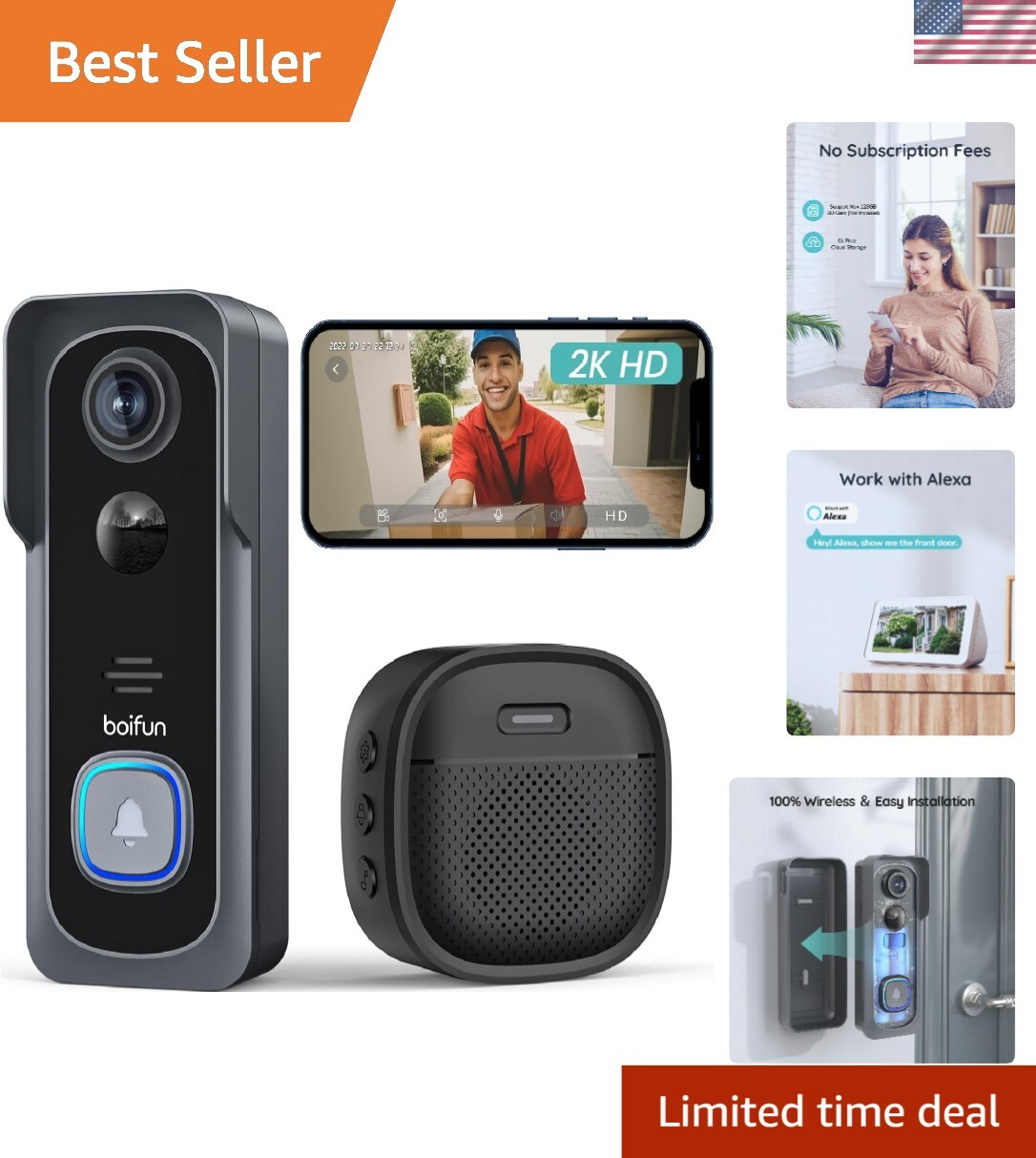 Wireless Doorbell with 166° Wide View and 6700mAh Long-lasting Battery No Subscription Needed-image