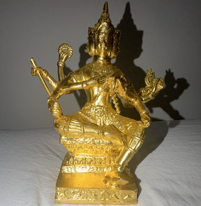 Gold Tone Hindu Seated Multi-Arm Deity Statue Figurine on Ornate Base