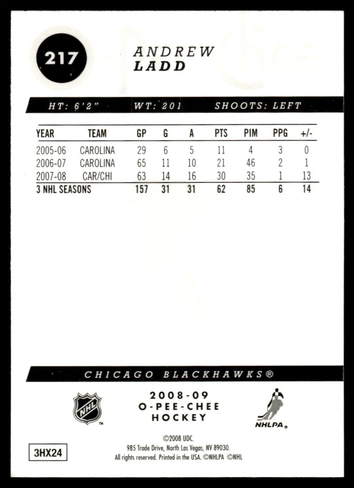 2008-09 O-Pee-Chee Gold Andrew Ladd Chicago Blackhawks #217 - Image 2 of 2