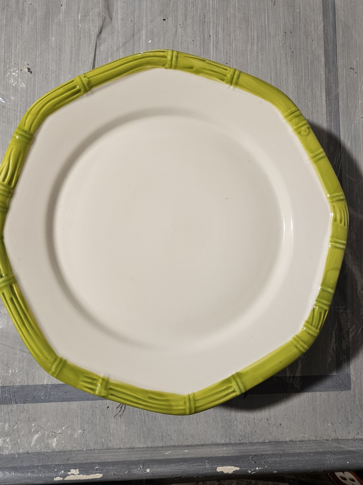 White Ceramic Round  set 6 Plate with Green Bamboo Rim, Glossy $ 40 Finish