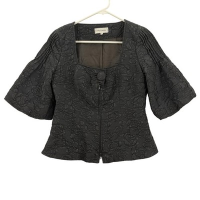 Anne Fontaine Jacket Womens 40 Black Jacquard Brocade Floral Puff Sleeve Zip