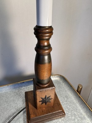 Vintage Rustic Turned Wood Table Lamp With Metal Star Accents Works Perfectly