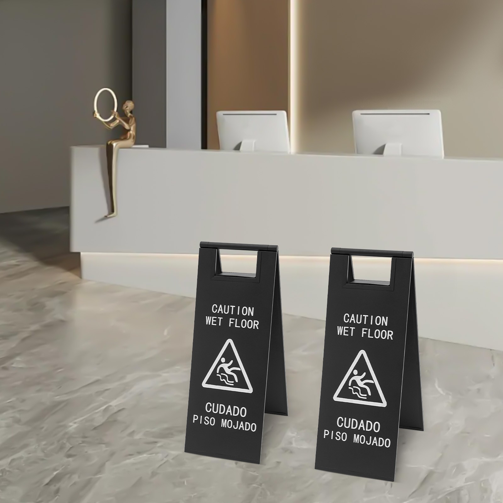 2Pcs Stainless Steel Wet Floor Sign Caution Wet Floor Sign Safety Warning Sign