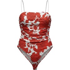 HM Womens Red White Floral Ruched Bodysuit Spaghetti Strap Thong Large 567