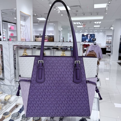 Michael Kors Voyager Large Tote MK Signature Logo Bag Dark Purple Multi - Picture 6 of 23