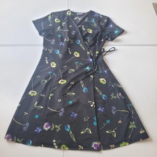Y2K Fairy Whimsy Dress Womens Medium Black Floral Wrap A Line Knee Length Casual
