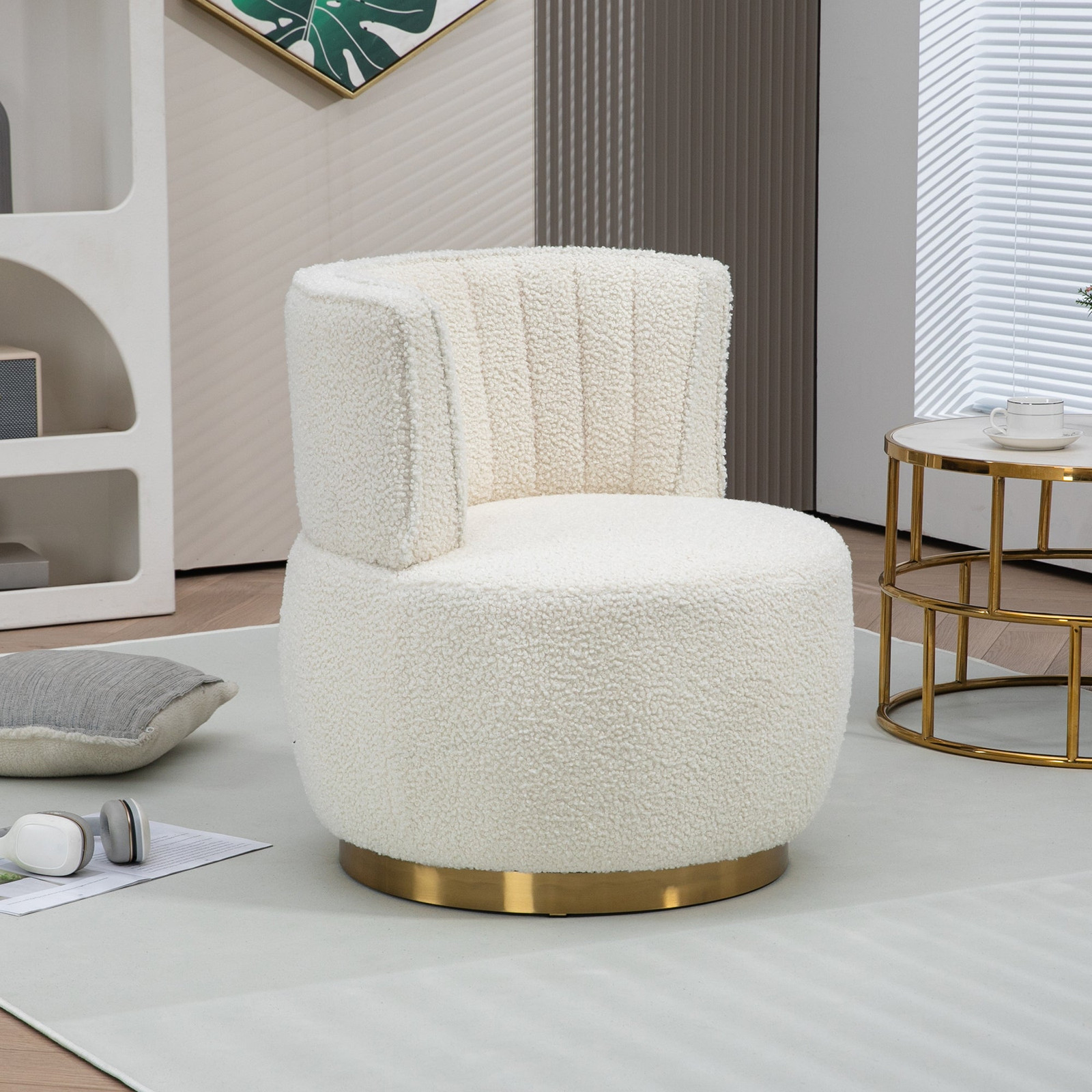 Swivel Cuddle Barrel Chair in Soft Teddy Fabric with Comfortable Design  