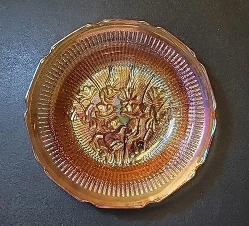 (3) Vintage Antique Iridescent Iris and Herringbone Glass Flat Soup Bowl