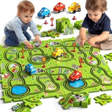 64 Pieces Puzzle Race Track Car Set Toys for 3 4 5 6 Year Old Boys - Puzzle T...