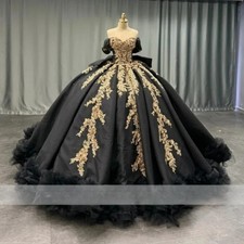 Black Quinceanera Dresses Off The Shoulder Applique Lace Beads Bow Corset Tull