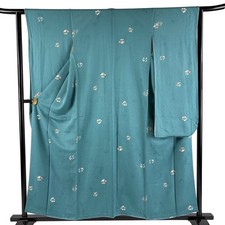 JAPANESE KIMONO FURISODE blue-green 156cm 5 ft 1 in PURE SILK AA8023