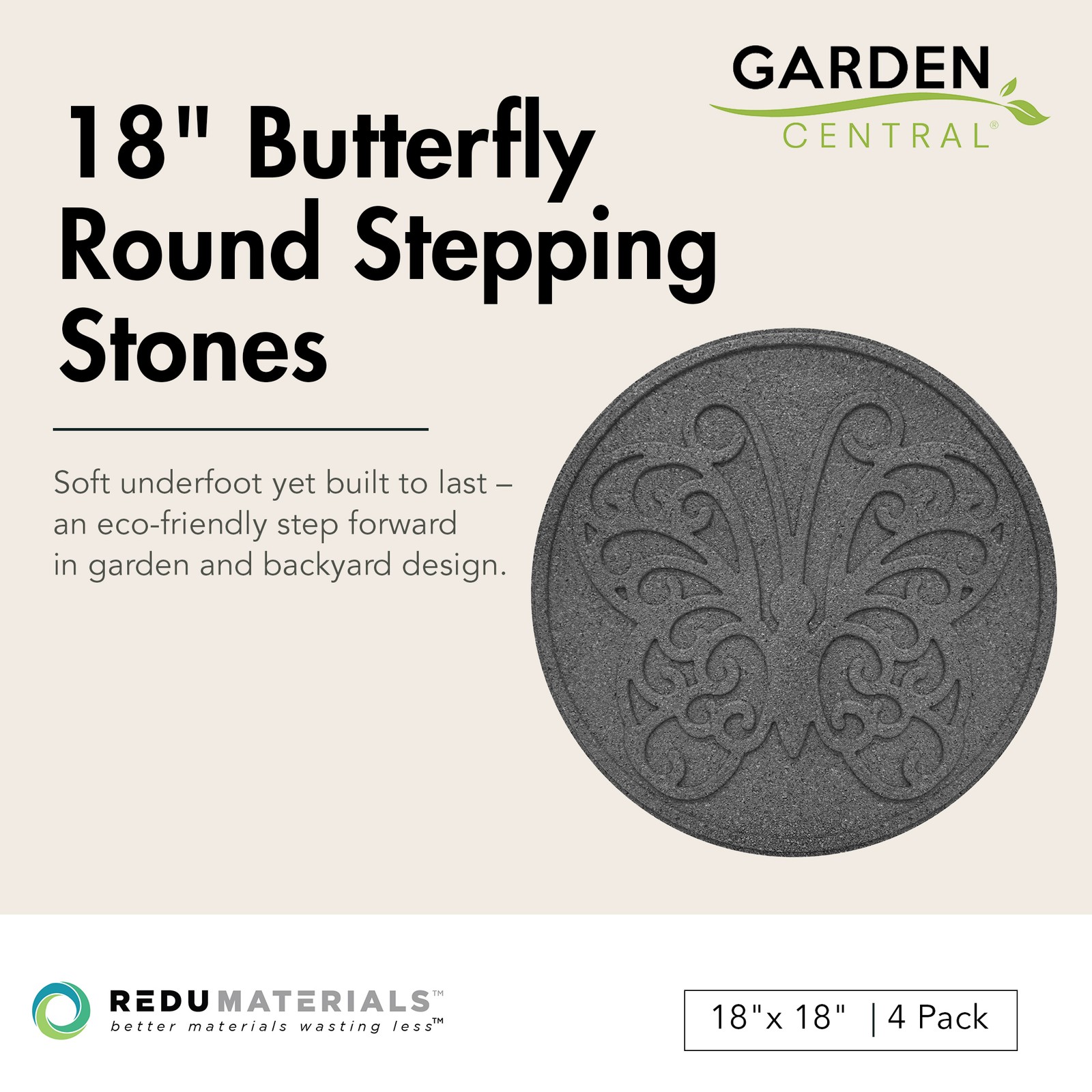 Garden Central 4 Pack 18" x 18" Butterfly Round Decorative Stepping Stones, Grey