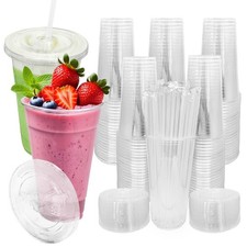  100 SETS 32 oz Cups with lids, Plastic cups with lids and straws, iced coff...