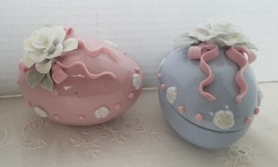 VTG Enesco Pair Easter Eggs-Ribbons Flower Lidded Trinket Boxes 3d Design 