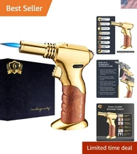 Luxury Dual Flame Butane Torch Gun - Adjustable Mini Blow Torch in Gold Brown