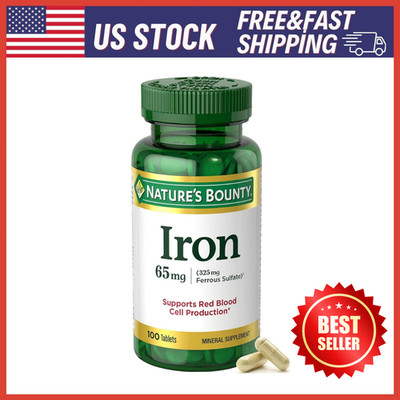 Nature s Bounty Iron 65mg, 325 mg Ferrous Sulfate Cellular Energy 100 Tablets 