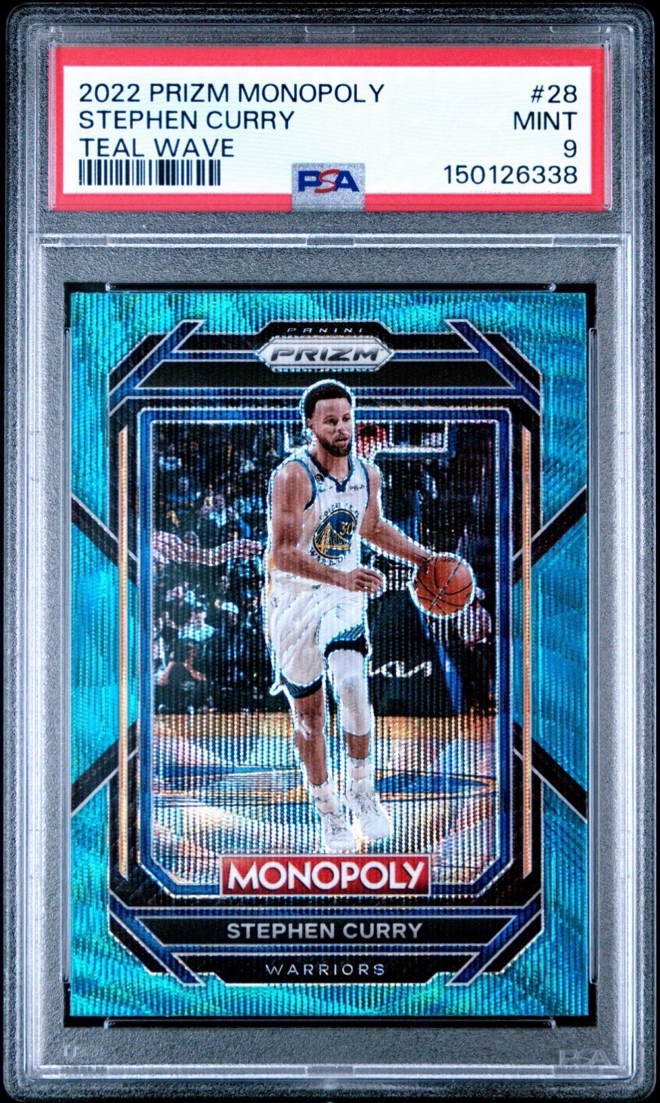 2022-23 Prizm Monopoly Stephen Curry #28 Teal Wave Prizm PSA 9