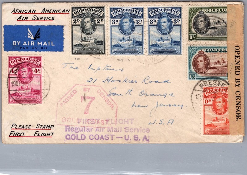 1941 Prestea Gold Coast Censored FFC First Flight cover to New Jersey NJ USA