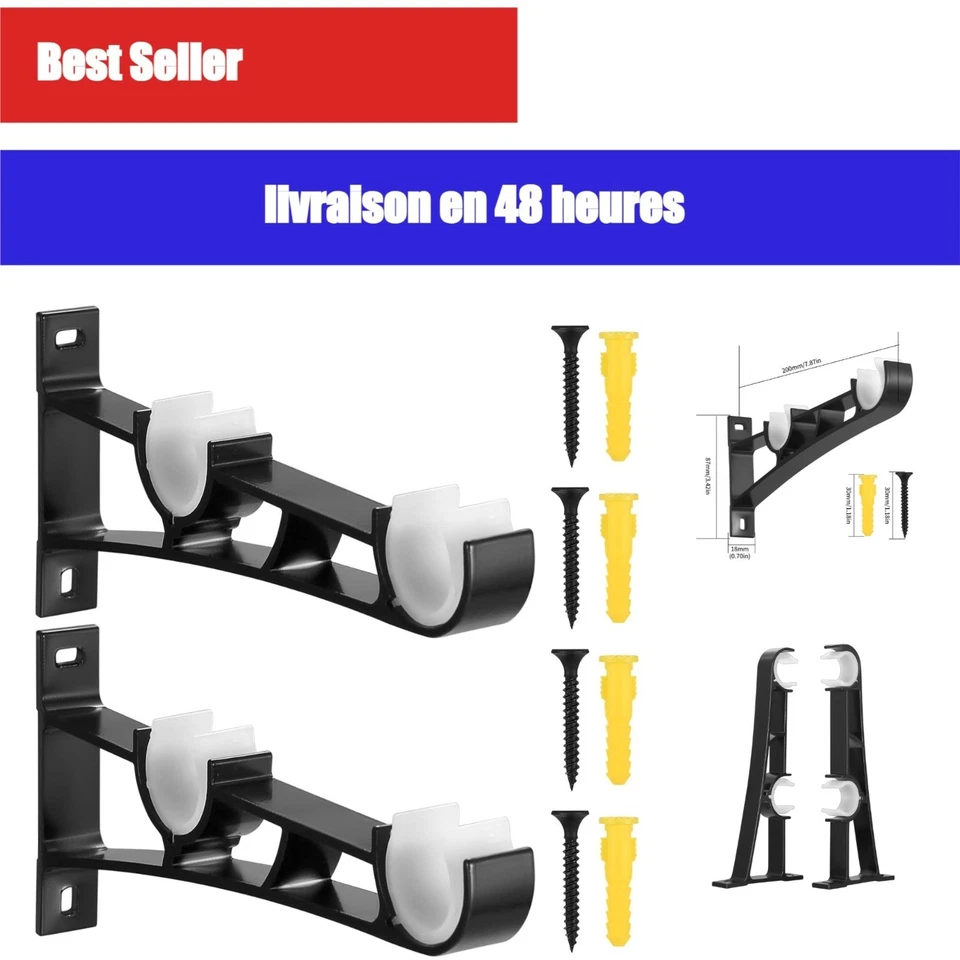 Supports Tringle à Rideaux Réglables en Aluminium - Lot de 2 Noir - Photo 1/4