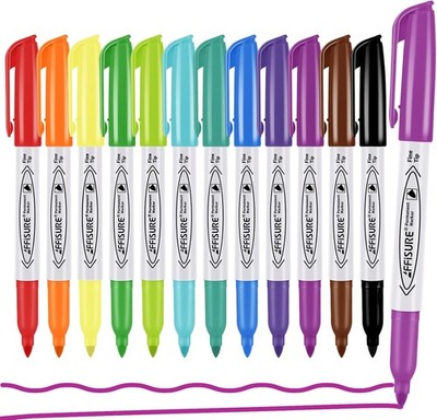 Permanent Markers Assorted Colors Set, 12 Colored Markers 12 Pack, Fine