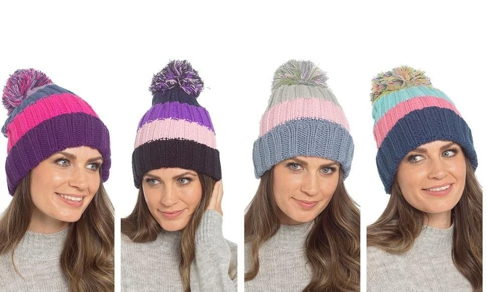 A2Z Ladies Knitted Beanie With Sherpa Lining Pom Warm Winter Hat One Size