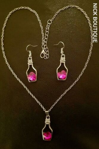 Silver Pink Genie Bottlle Crystal Heart Chain Earrings Necklace Pendant SET Gift - Afbeelding 1 van 12