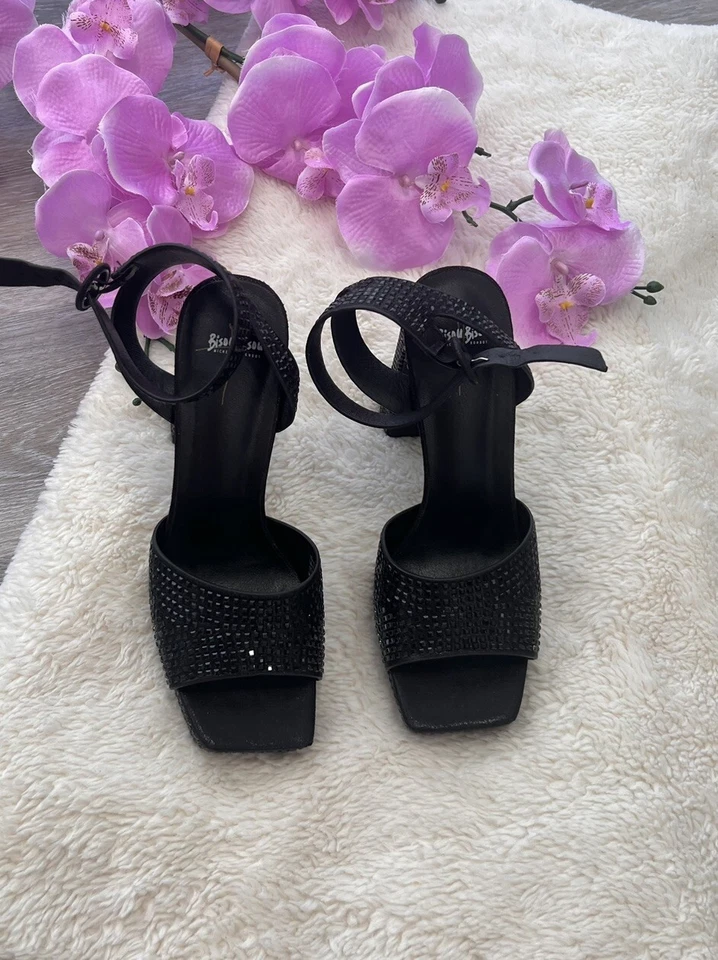 Bisou Bisou Black Size 7.5 Open Toe Heels Platforms Bling Stones & Ankle Closure - Image 2 of 4
