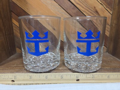 Royal Caribbean Lowball Whiskey Glass Hobnail Bottom Crown Anchor Logo Set of 2