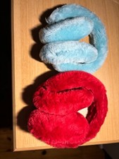 2 pair Ear Muffs faux fur furry warmers foldup earmuffs; I red, 1 blue