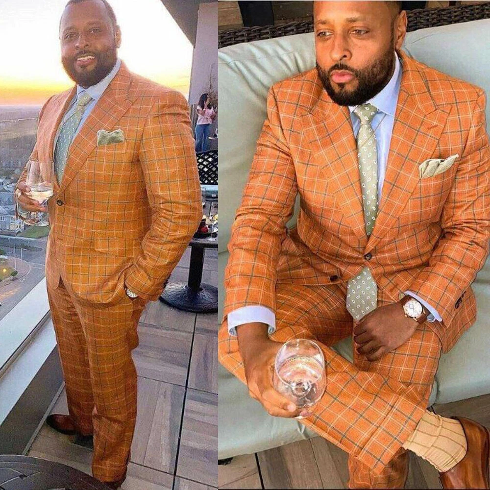 Orange Check Men Wedding Tuxedos Suits Wear Dinner Prom Party Blazer Jacket Pant