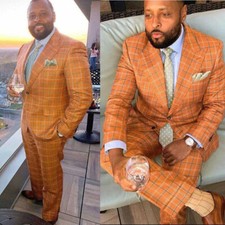 Orange Check Men Wedding Tuxedos Suits Wear Dinner Prom Party Blazer Jacket Pant