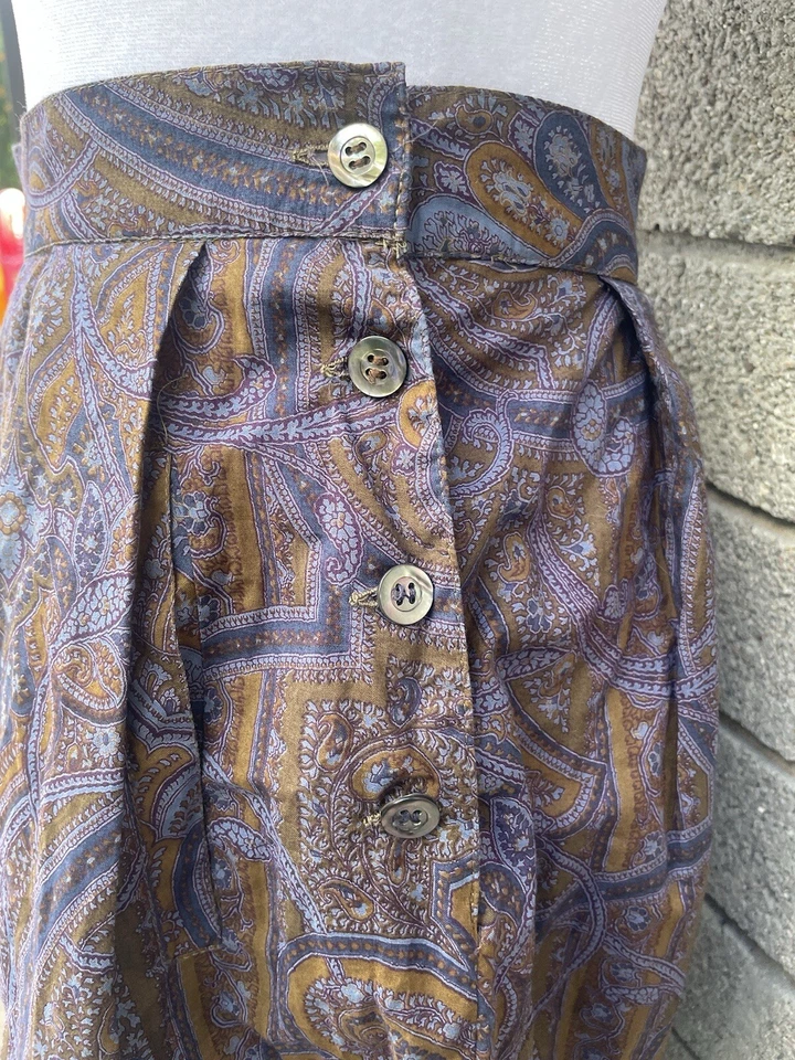 复古 Max Mara 意大利打褶紫色佩斯利 A 字中裙口袋复古职业 — 第 3/4 张图片