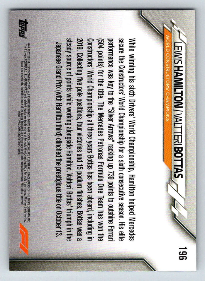 2020 Topps Chrome Formula 1 #196 Lewis Hamilton/Valtteri Bottas (ref 188922) - Image 2 of 2