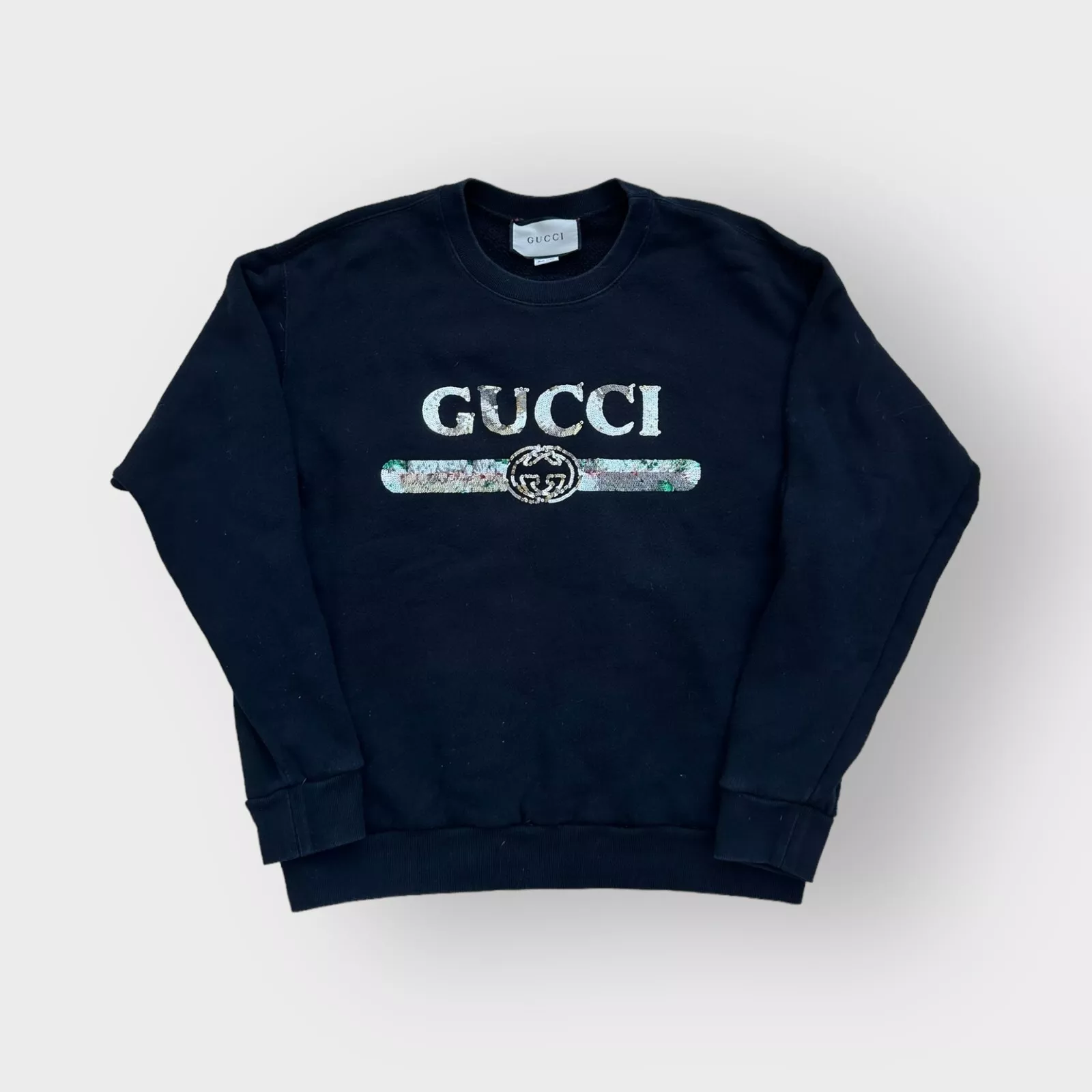 Authentique sweat Gucci ceinture pailletée logo chat noir col rond taille S