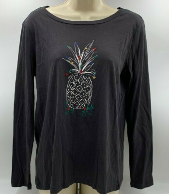 Loft Outlet Pineapple w/Beads Long Sleeve T-shirt Charcoal Gray M Medium #67232